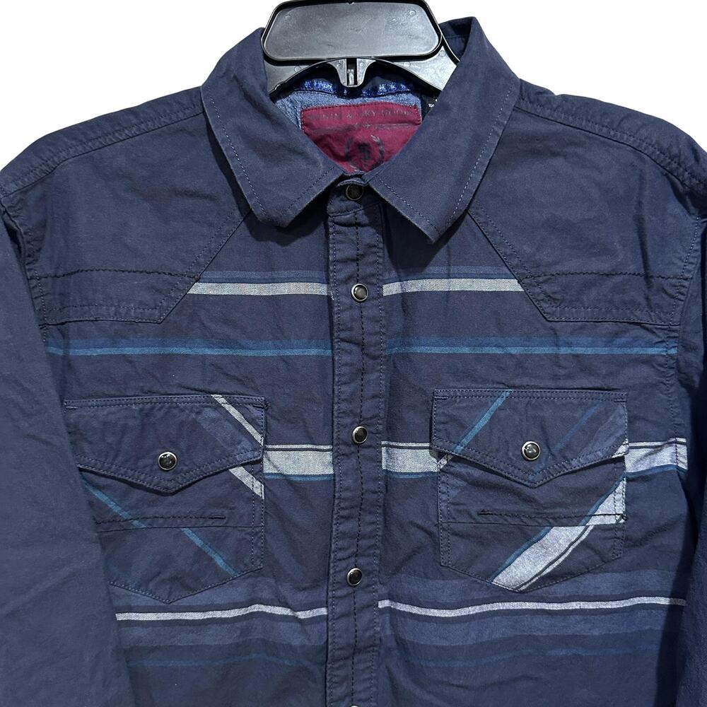 Indigo Star Shirt Men Size M Navy Blue Stripe Western Snap Front Cotton Rodeo